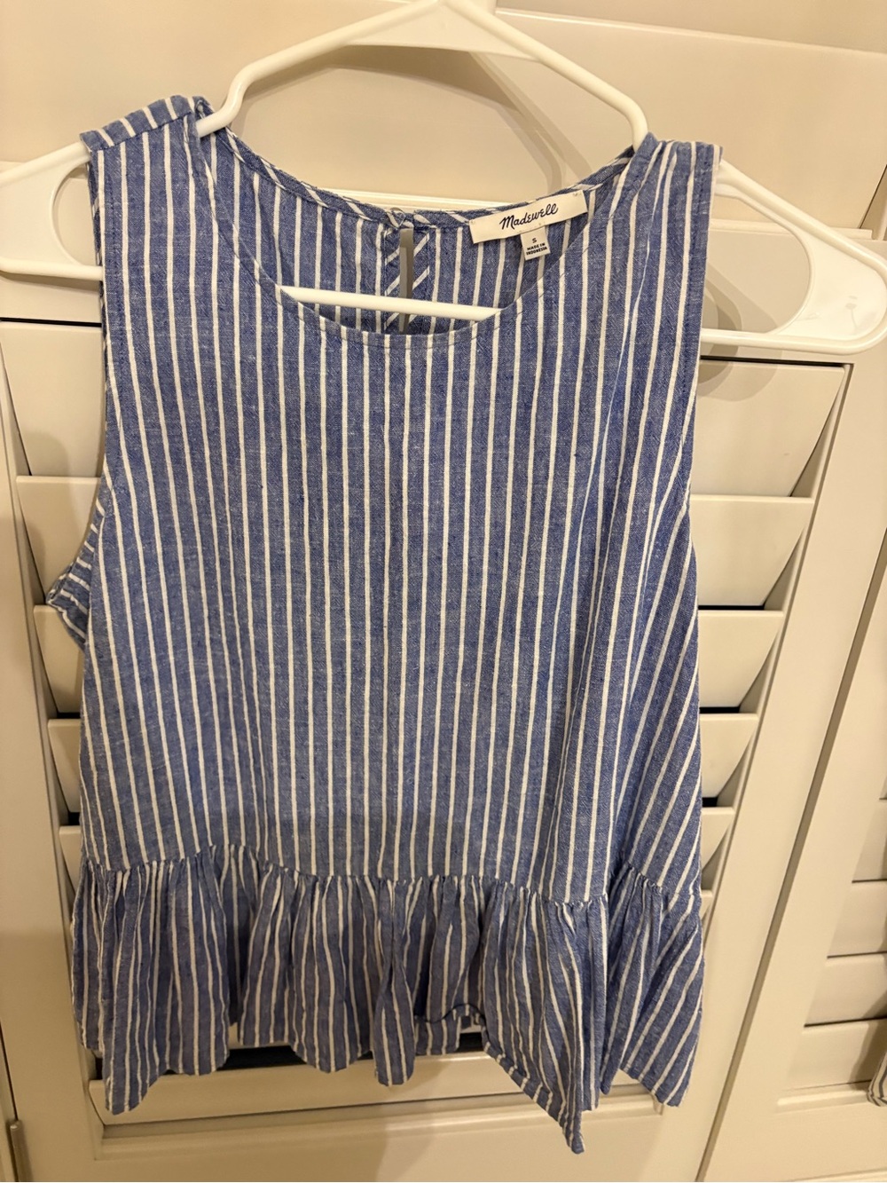 Madewell Blue and White Striped Ruffle-Hem Sleeveless Dress